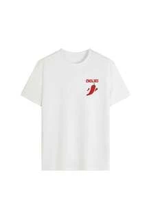 New Women Soft Versatile Casual Loose Fit Round Neck Lightweight Chili Pepper Print T-Shirt, Spring/Summer - White - View 6