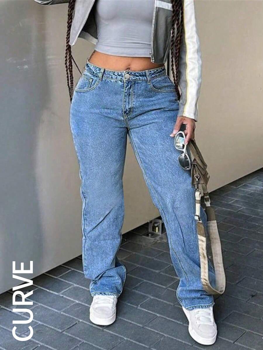 Plus Size Women's Loose Straight Leg Jeans - Medium Wash - View 1