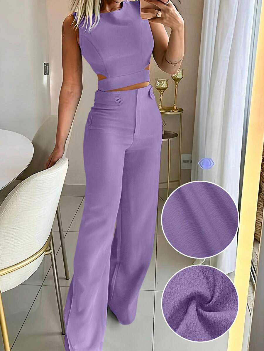 Women's Summer Thin Fashion Casual Slim Fit Elegant Solid Color Decorative Button Two Pieces Set, Modest Woven Non-Stretch Slim Fit Zipper Lightweight Spring/Summer Two Pieces Outfits - Purple - View 1