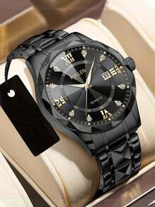 Reloj de cuarzo de marca de lujo para hombre, de acero inoxidable dorado, con fecha, visualización del día de la semana, acentos de diamantes y esfera luminosa