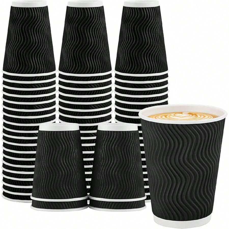 Lamosi Disposable Coffee Cups 12 OZ 100 Pack, Paper Coffee Cups 12 OZ For Hot Drinks Or Cold Beverages, Insulated Corrugated Ripple Wall Cup No Lids For Office, Cafe, Home Or Travel (Black)-Yl - Black - View 1