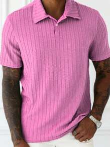 Camisa polo de manga corta con botones, de talla grande, con textura jacquard a rayas verde-gris versátil y casual para hombres marca Manfinity