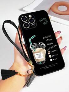 1 件黑色 TPU 卡通咖啡图案防震手机壳和 1 件黑色心形皮革腕带 - 彩色 - 查看 2