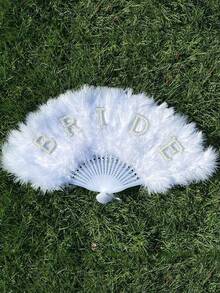 1PC Elegant Pearl Decorative Bridal Feather Fan,White Bride Fan Bride Faux Pearl&English Letter Decor White Folding Fan,Large-Size Handheld Fan For Bachelorette Party&Wedding Decoration,Sweet,Romantic&Beautiful Wedding Gift Wedding Decoration(The Fan Cannot Be Folded) - Multicolor - View 4