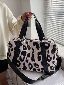1pc Leopard Print Casual Large Capacity Gym Bag - Black and White - View 1