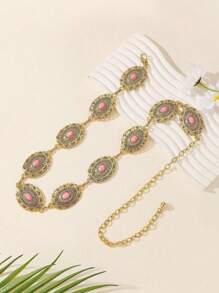 Vintage Oval Embossed Faux Antique Silver Metal Waist Chain Belt, Versatile Waist Decoration For Dress & Pants