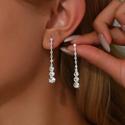 1 Pair Fashionable Long Teardrop Rhinestone Earrings, Suitable For Women's Daily Wear