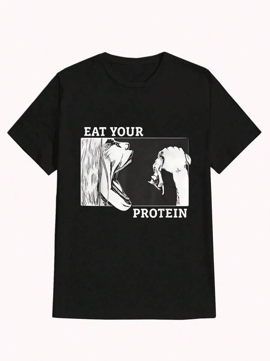 Eat Your Protein Attack Titan ,Casual Print,Comfortable And Versatile,Letter Pattern Pure Cotton 220g Printed T-ShirtRap Rock Signature Print T-Shirt Summer Fashion T-Shirt For Everyday Leisure - 黑色 - 查看 1