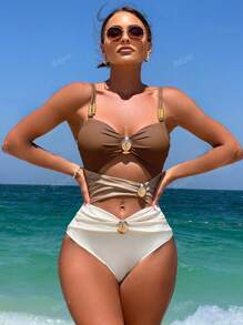 Round Button Decoration Three-Color Hollow Stitching Sexy One-Piece Swimsuit