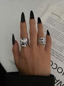 Set de 2 anillos de metal asimétricos de lava vintage, joyería casual y de lujo para uso diario para mujeres, hombres y parejas, regalo versátil para bodas y fiestas