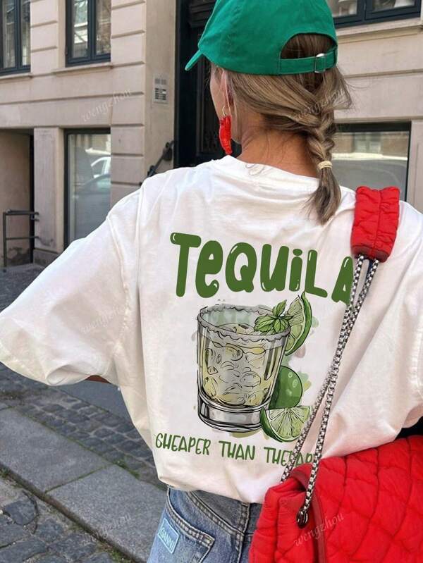 Nova camiseta feminina macia, versátil, casual, primavera/verão, solta, gola redonda, respirável, estampa tequila