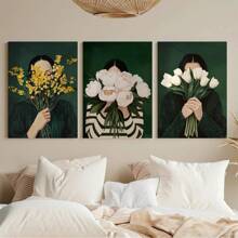 3pcs Optional Frame Canvas Print Decorative Painting,Emerald Green Floral Women Stripe Abstract Wall Arts Posters,Vintage Japandi Eclectic Art Style,Suitable For Living Room, Bedroom,Ideal Wall Art Home Decor Gifts