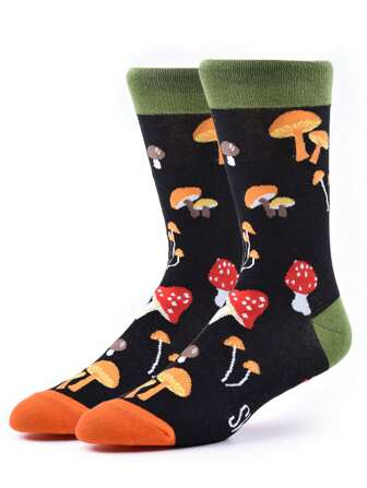 1 par de meias masculinas assimétricas com estampa de cogumelo e alfabeto, de alta qualidade, que absorvem a umidade, respiráveis, adequadas para esportes, uso casual e uso diário na primavera e no outono