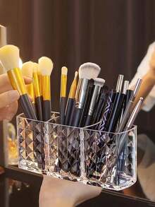 1件钻石纹三格透明笔筒化妆刷收纳盒创意浴室洗脸台桌面化妆笔眉笔口红收纳盒
