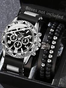 3 PiecesMen's Black Strap Fashion Business Mixed Scale Three Eye Dial Quartz Watch Bracelet Jewelry Set Suitable For Daily Wear Decoration Or Holiday Gifts