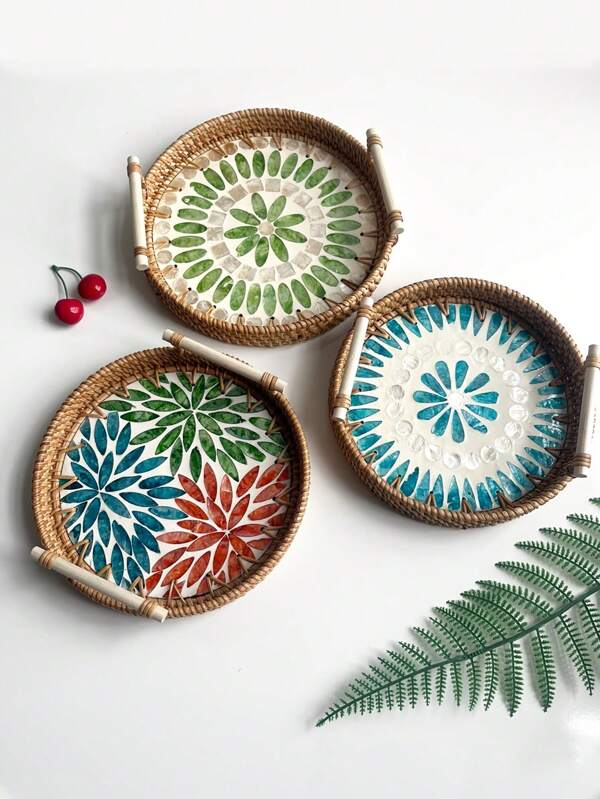 1 Bohemian Style Rattan Woven Tray - Open Top Storage Box With Handle - Desktop Storage Box, Window Design Home Decoration Accessories