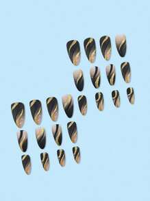 24pcs/Pack Almond Shape Gradient Black False Nail Art Stickers With Glitter Wave Pattern
