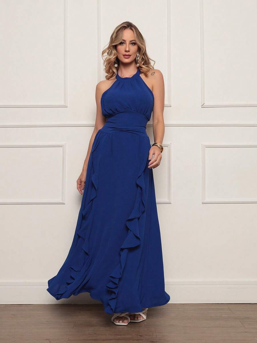 Long Sleeveless Party Dress With Luxury Padding - Royal Blue - View 1
