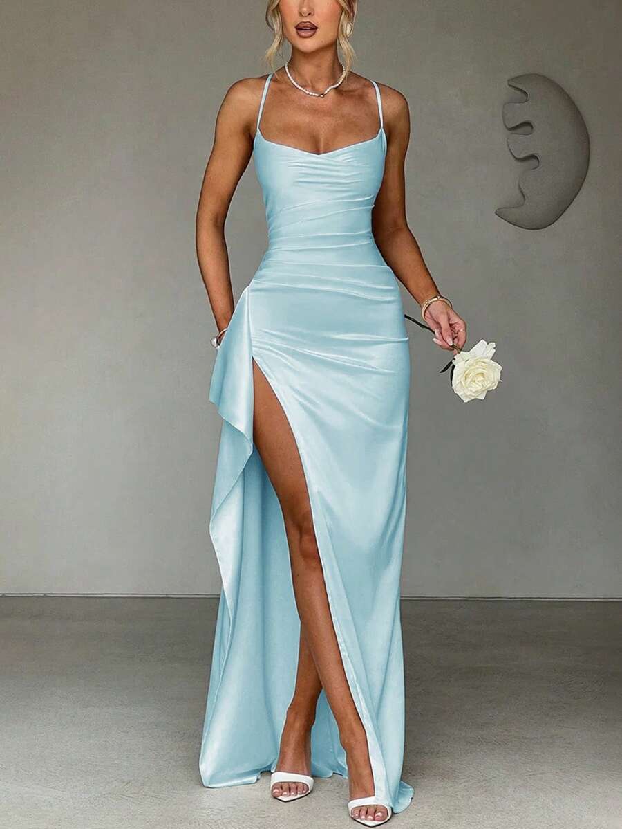 优雅性感缎面无肩带露肩荷叶边腰身派对礼服、伴娘礼服、正式礼服