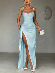 Elegant Sexy Satin Strapless Off Shoulder Ruffle Trim Waist Party Dress, Bridesmaid Dress, Formal Gown