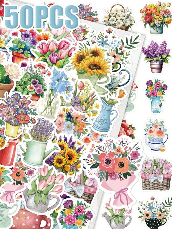 50-Pack PVC Flower Stickers, Vintage Aesthetic Floral Decals For Luggage, Guitar, Laptop, Phone, Skateboard, Bike, Notebook - Assorted Spring Bloom Designs For DIY Decoration And Crafting