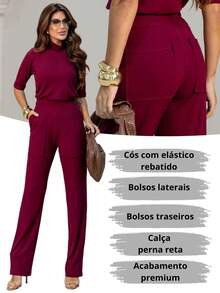 Maria do Luxo Ribbed Knit Set With Elastane, Palazzo Pants With Pockets. Women's Fashion For All Occasions. - 酒紅色 - 查看 6