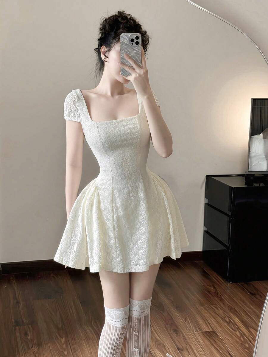 Đầm ren màu mơ thanh lịch, gợi cảm, màu trơn, đáng yêu, sang trọng, thích hợp cho buổi tối hẹn hò, lễ hội, mặc hàng ngày, tiệc tùng, ở nhà mùa hè. - Màu be - Xem 1