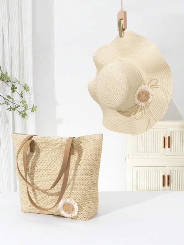 مجموعة من قطعتين حقيبة كتف قش وقبعة شمس قش مزينة بالأمواج للنساء ، بني فاتح مناسبة للشاطئ والإجازة ، ديكور عباد الشمس كلاسيكي ، خفيفة وعصرية ، مناسبة للسفر والعطلات والتسوق
