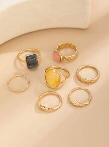 Ensemble de 7 bagues vintage élégantes incrustées de pierres géométriques, bagues à la mode dorées pour femmes, idéales pour un usage quotidien ou une fête, ensemble de bijoux cadeaux
