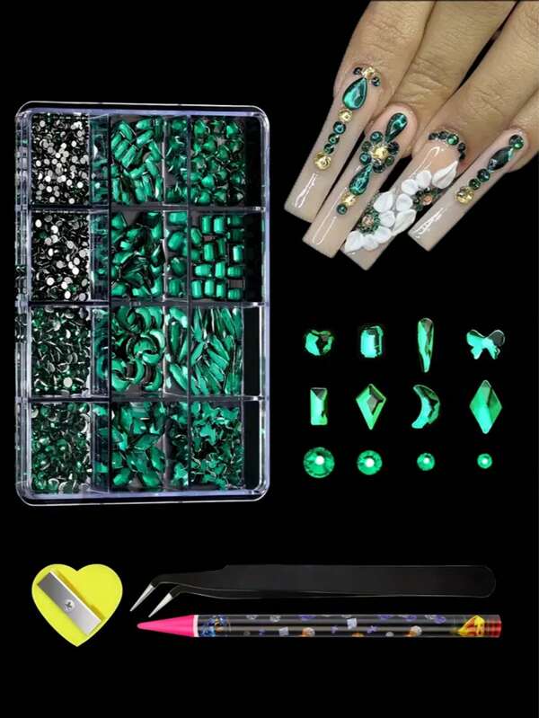 Set de 12 rejillas de cristales de uñas verdes planos, un conjunto asimétrico de cristales transparentes con herramienta de recogida, adecuado para decoración y accesorios de arte de uñas