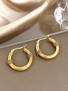 1 对朋克时尚扭曲不锈钢环状耳环女士复古金色 U 形吊坠耳环派对日常珠宝 - 金黃色 - 查看 14