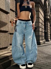 Jeans a vita alta ripped dalla gamba a barile stile Y2K - Jeans a vita alta e gamba ampia con taglio a lama di rasoio, pantaloni a falce