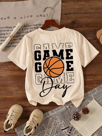Tween Boy Casual Simple Boys T-Shirt Childlike Basketball Pattern Game Day Letters Cool Fashion Style Pullover Round Neck Short Sleeve T-Sleeve Summer New Boys Clothes Kids Short Sleeve Top