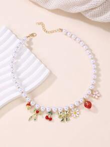 1 colar com pingente de pérola falsa, cereja, morango e margarida, elegante e moderno, acessório para mulheres, uso diário, festa, feriado