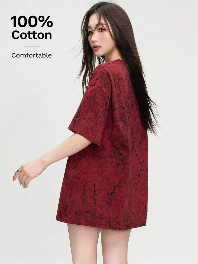 JUTU Loose Fit Round Neck Cotton T-Shirt, American Style, Casual Design, Craftsmanship, Women's Spring/Summer Tee - 0A41 Anchor Red - View 7