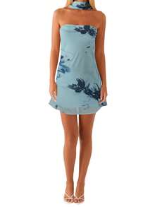 Vestido Corto para Mujer sin Tirantes y Espalda Descubierta, Vestido Tubo de Verano Ajustado Estampado Floral o Color Liso con Pañuelo - Celeste - Ver 8