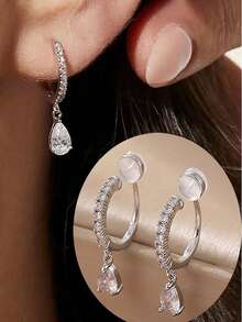 1 对时尚锆石水滴夹式耳环，适合女士，假软骨穿孔首饰 - 無耳洞水滴耳夾 - 查看 2