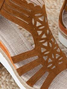 Giày sandal đế xuồng dệt dây thừng đơn giản cho nữ màu nâu, họa tiết hình học, khóa kéo sau, hở mũi, phong cách nghỉ dưỡng - màu nâu - Xem 8