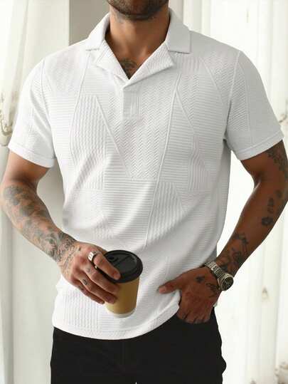 Men's Asymmetrical Textured Mandarin Collar Solid Color Fitted Polo Shirt, Summer