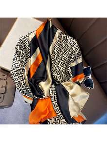 1条180*85厘米户外防晒披肩，时尚印花女士轻薄柔软围巾，防风四季皆宜，图案混色，黄黑咖啡棕色长方形，适合女士连衣裙搭配。