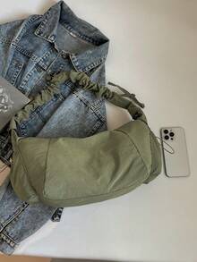 1 Pc Nylon Fabric Multi-Pocket Dumpling Style Casual Pleated Drawstring Crossbody Shoulder Bag For Women, Soft Relaxed Versatile Hobo Look , Green - Olive Green - View 3