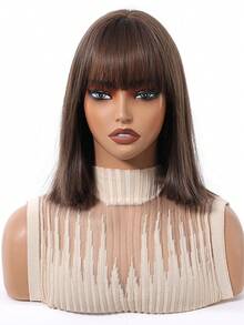 12 Inch Brown Ombre White Bob Wig With Bangs Synthetic Heat Resistant Wigs Natural Looking For Women Daily Party And Cosplay Use
