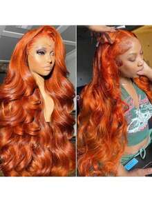 Peluca de cabello humano color jengibre de 36 pulgadas y densidad 250, con encaje frontal de 13x4, ondas profundas, HD, precortada, color naranja jengibre, sin pegamento, para mujer. - S350 - Ver 3