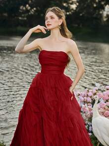 Faeriesty Women Elegant Romantic Strapless Wedding Dress, Layered Ruffle Tulle A-Line Silhouette, Perfect For Classic Weddings, Graduations, Galas, Birthday Parties, And Other Formal Occasions, Bridal Gown,Summer Holiday Outfits - Red - View 7