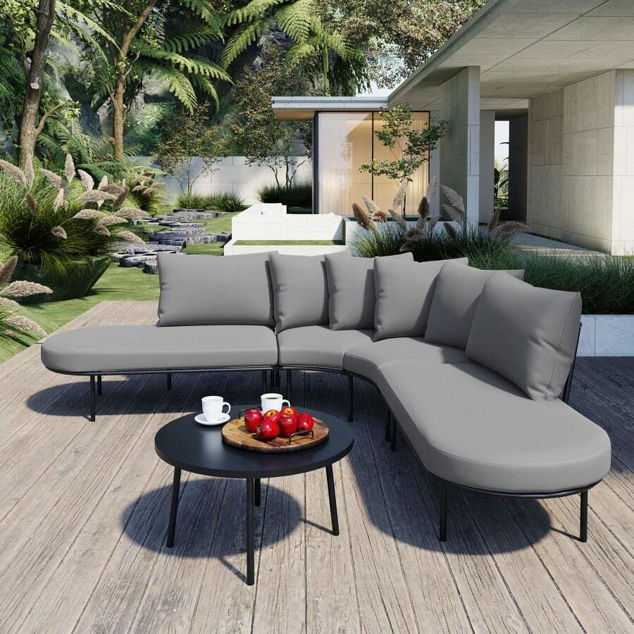 GO Patio Half- Moon Curved Outdoor Furniture Sofa Set With Coffee Table, All Weather Iron Frame Outdoor Indoor Conversation Set For 6 People, Padded Seats And Backrest Cushions For Garden, Gray-998 - Multicolor - View 1