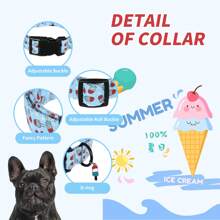 Adjustable Ice Cream Theme Dog Collar - Small Dog Bowl, Soft Polyester, Safety Buckle, For Small And Medium Dogs, Indoor Use, Petplies