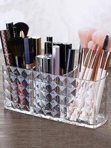 1件钻石纹三格透明笔筒化妆刷收纳盒创意浴室洗脸台桌面化妆笔眉笔口红收纳盒