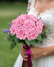 25Pcs Artificial Roses Flowers Fake Roses With Stems Real Touch Foam Flowers For DIY Wedding Bouquet Baby Shower Centerpiece Floral Arrangement Party Home Decor(Dark Red) - Pink - View 8