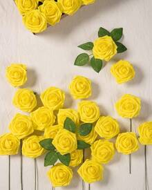 25Pcs Artificial Roses Flowers Fake Roses With Stems Real Touch Foam Flowers For DIY Wedding Bouquet Baby Shower Centerpiece Floral Arrangement Party Home Decor(Dark Red) - Yellow - View 5