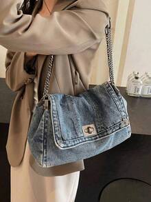 Winter New Fashion Classic Joker Solid Color Retro Wash Jeans Material Metal Chain Shoulder Bag Quilted Embroidery Thread Decoration Design Large-Capacity Shoulder Bag Suitable For Shopping And Outing., Perfect For Cow Girl - Blue - View 5